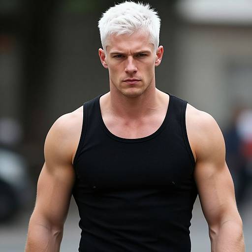 Muscular Man with Platinum Blonde Hair in Black Tank Top