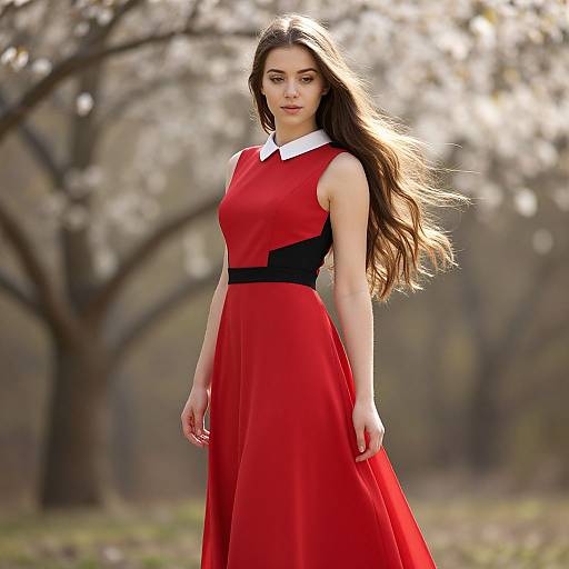 Young Woman in Red Dress with Blossoming Trees Outdoor Fashion Portrait