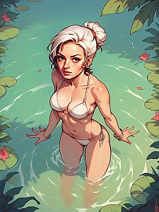 Digital Artwork of Woman in White Bikini Standing in Water Surrounded by Foliage