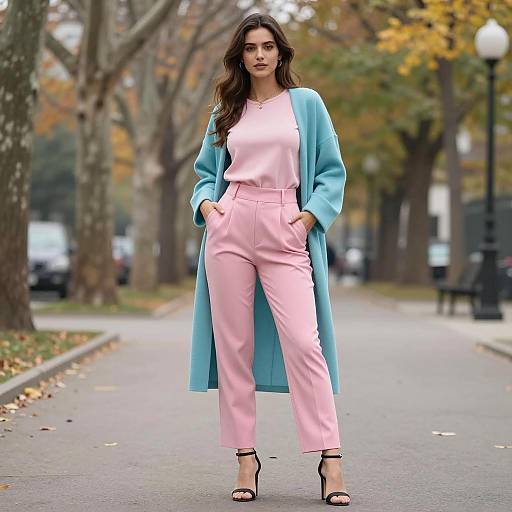 Stylish Woman Wearing Pastel Outfit and Light Blue Coat on Autumn Street