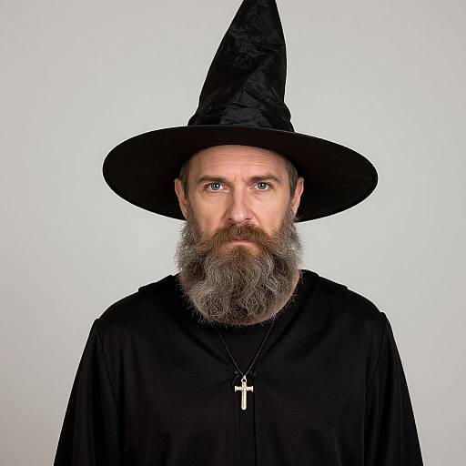Man Wearing Black Witch Hat and Robe with Cross Necklace