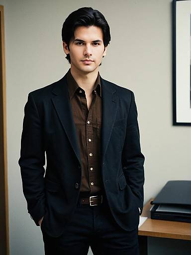 Confident Young Man in Black Blazer and Brown Shirt in Office
