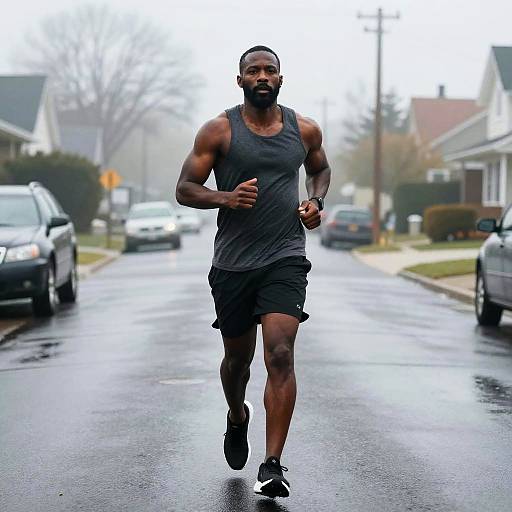 Man Jogging on Wet Suburban Street in Foggy Weather
