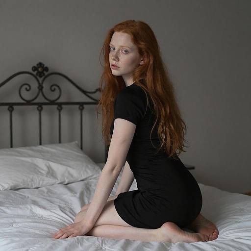 Young Woman in Black Dress Sitting on Bed with Red Hair - Gen Z Portrait