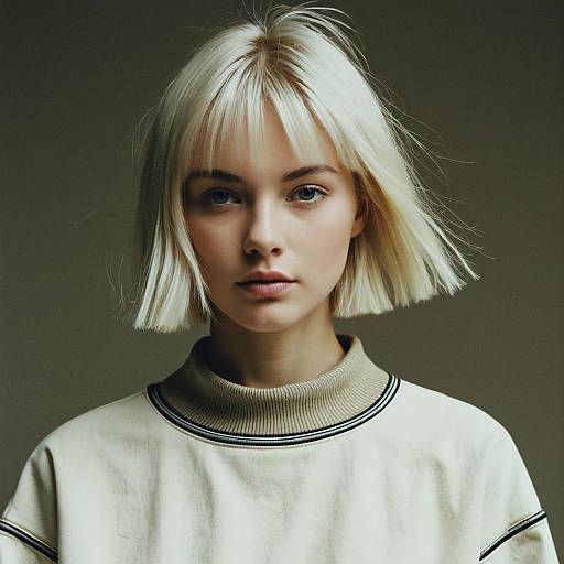 Portrait of Young Woman with Platinum Blonde Hair in Beige Turtleneck