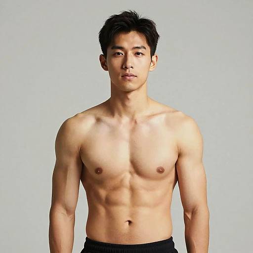 Portrait of Shirtless Fit Young Asian Man with Toned Physique