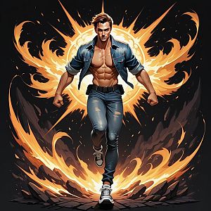Muscular Man Running in Flames - Dynamic Comic Art