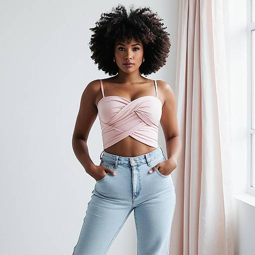 Confident Woman Wearing Pink Cropped Top and High-Waisted Jeans Indoor Portrait