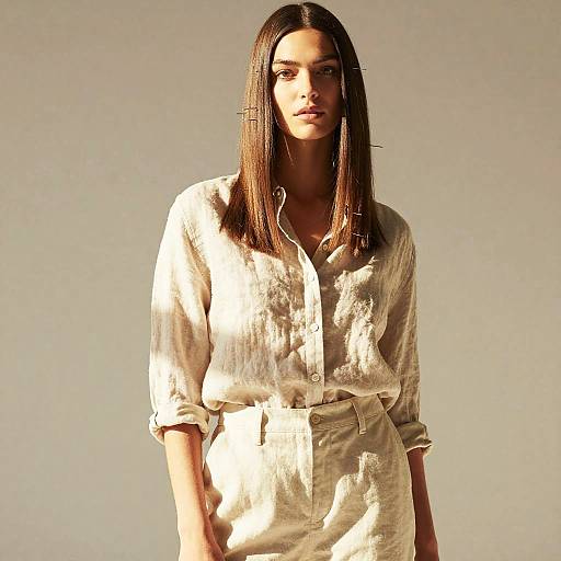 Young Woman in Minimalist Beige Linen Outfit with Sleek Hair