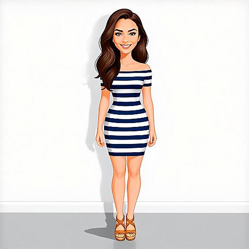 Stylish Woman in Navy Blue and White Striped Off-Shoulder Dress Digital Illustration