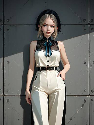 Elegant Woman in White Jumpsuit with Dark Illustrious Style Digital Illustration