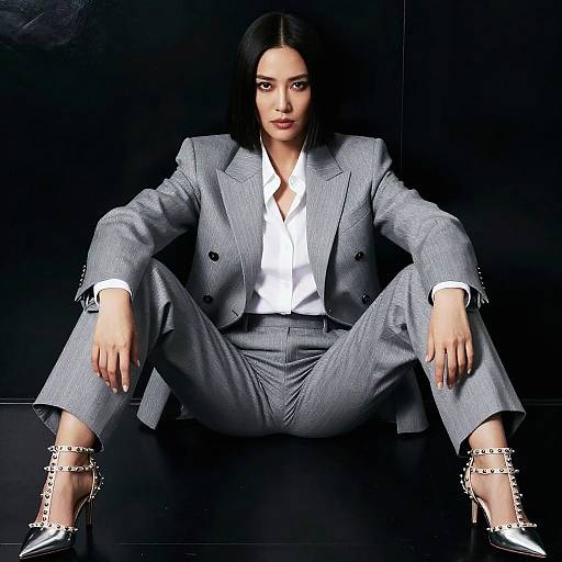 Confident Woman in Gray Pinstripe Suit and Studded Heels Sitting Pose