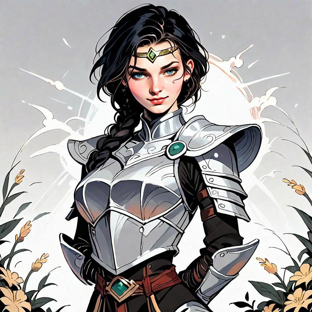 Digital Illustration of Woman Warrior in Silver Armor with Green Gemstones