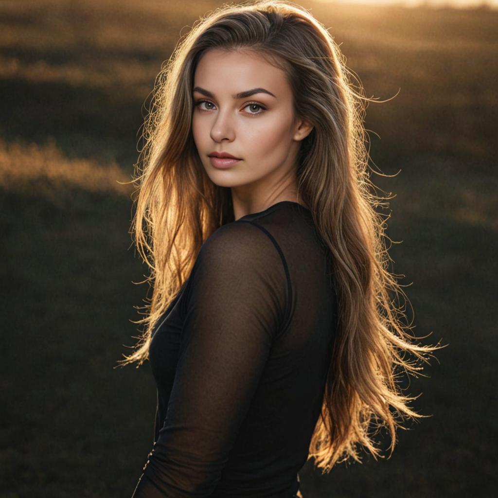 Casual Woman in Sheer Black Top at Sunset