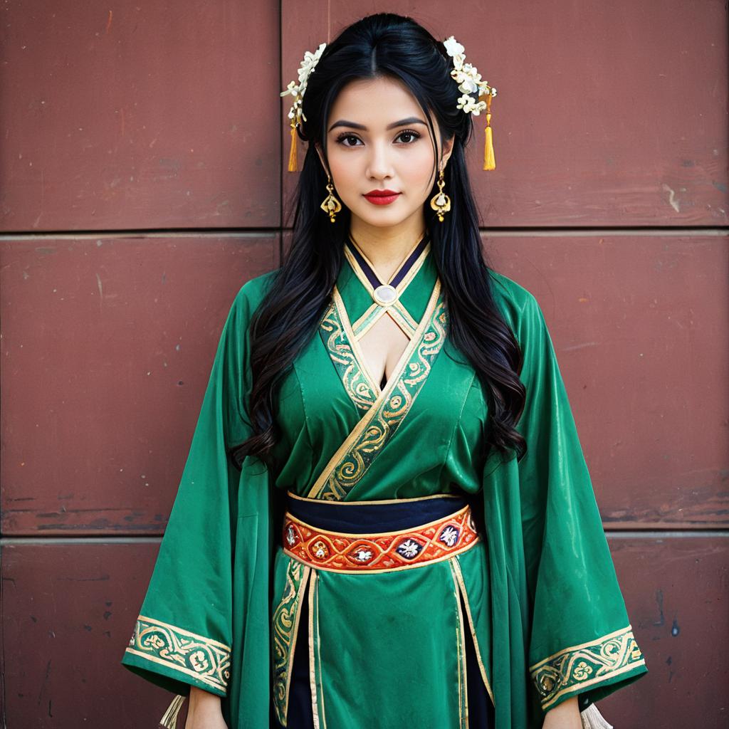 Traditional East Asian Green Hanfu Woman Portrait