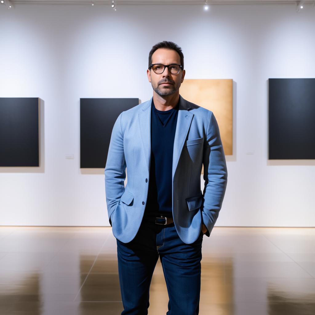 Confident Man in Art Gallery with Black and Gold Artwork