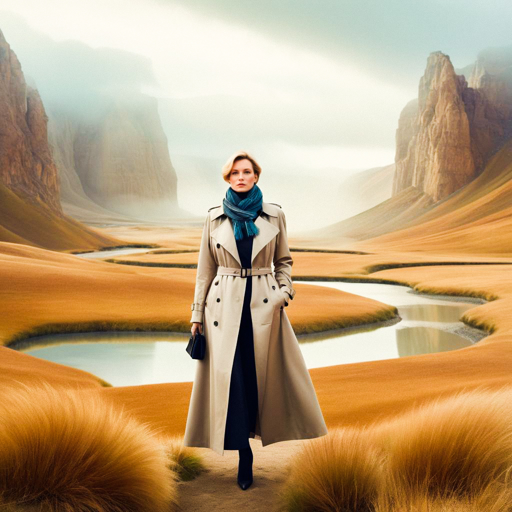 Stylish Woman in Chic Trench Coat Against Dramatic Landscape