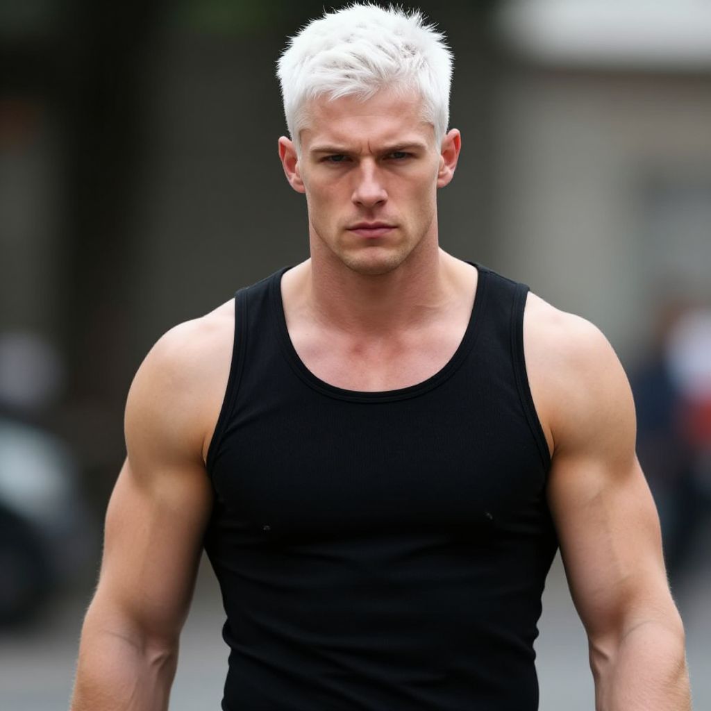 Muscular Man with Platinum Blonde Hair in Black Tank Top