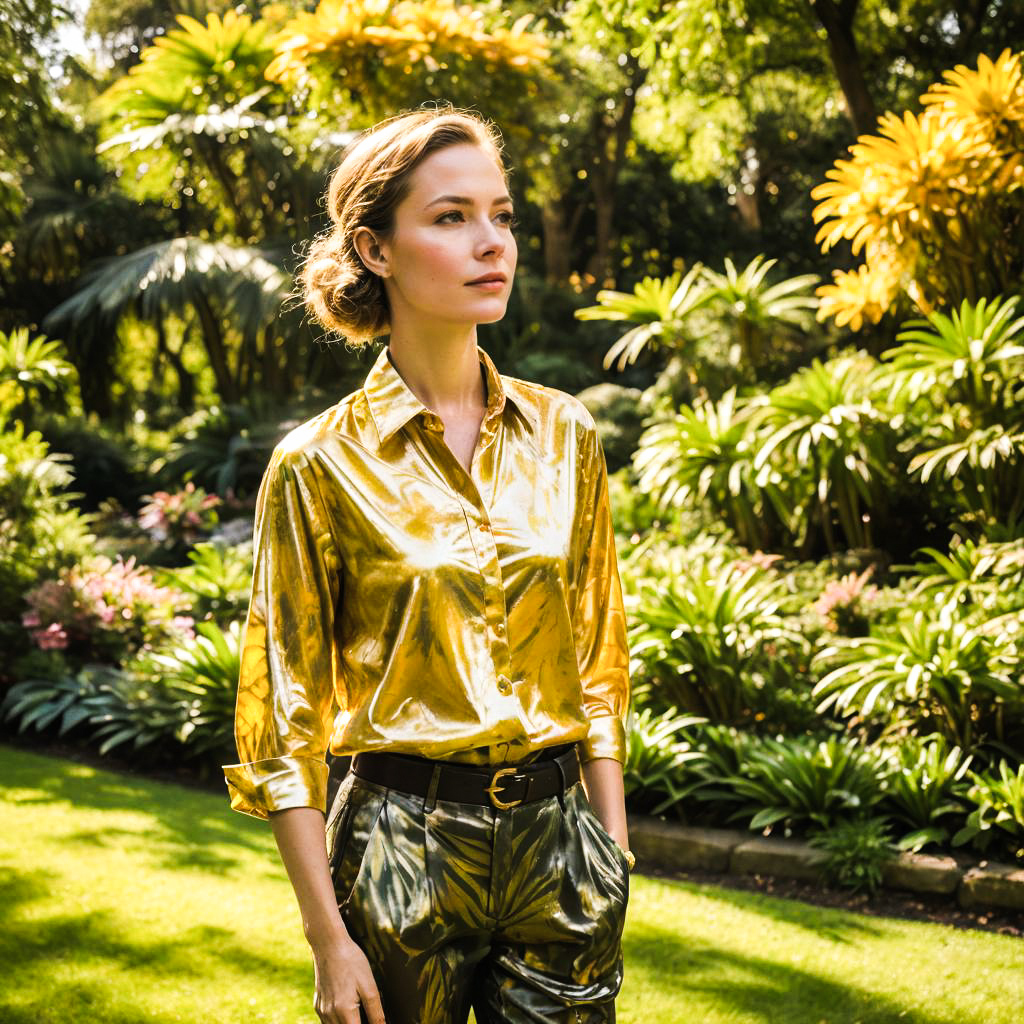 Elegant Woman in Golden Outfit in Lush Garden