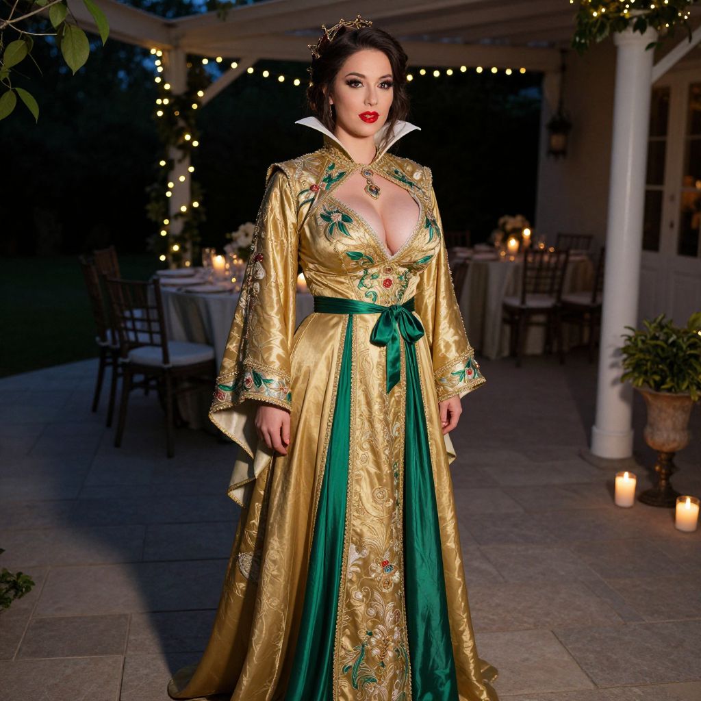 Regal Woman in Embroidered Gold and Green Medieval Gown Evening Setting