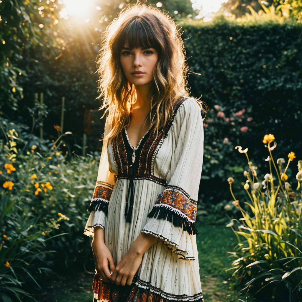 Bohemian Woman in Embroidered Dress Standing in Sunlit Garden
