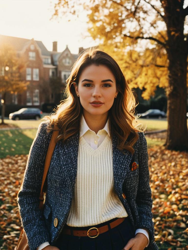 Preppy Fall Outfit Woman at Golden Hour in Autumn