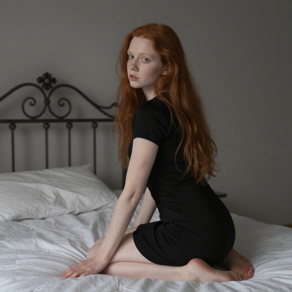 Young Woman in Black Dress Sitting on Bed with Red Hair - Gen Z Portrait