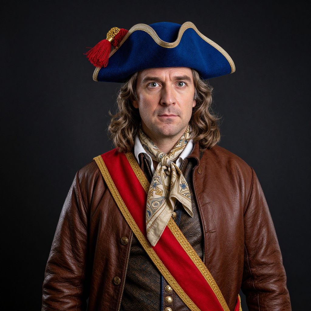 Man in 18th Century Military Costume with Blue Tricorne Hat and Leather Coat