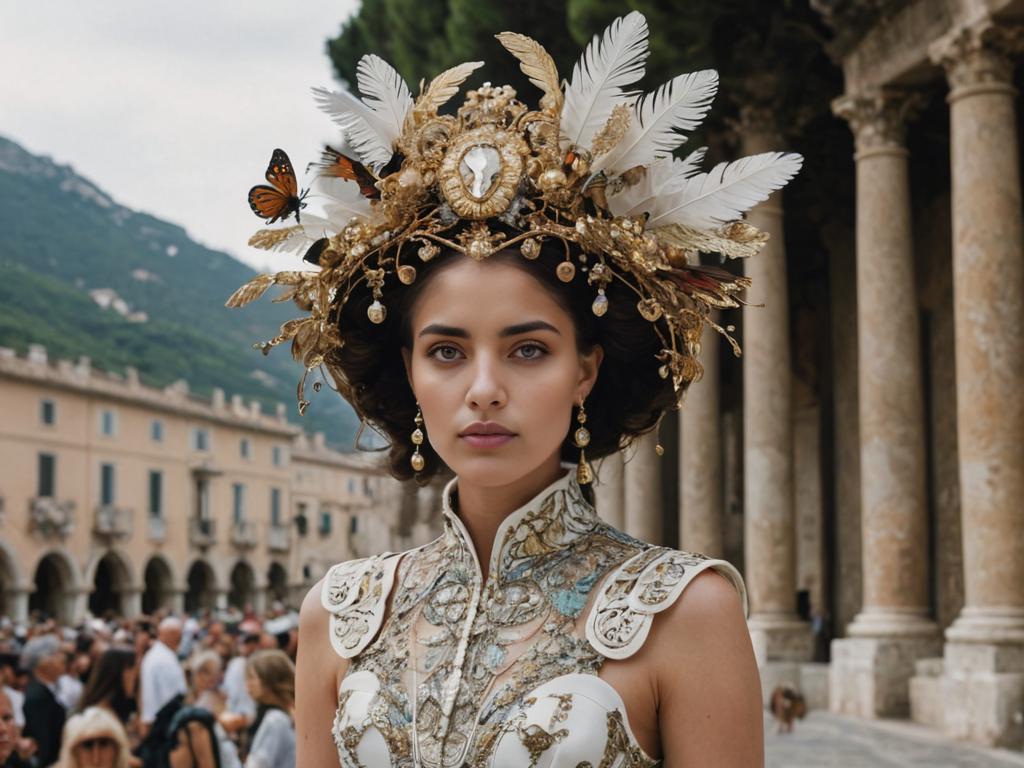 Woman in Flemish Baroque Headpiece with Golden Elements and Feathers