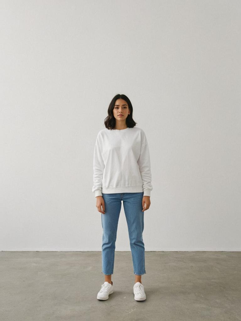 Woman in Casual Ensemble Against White Wall