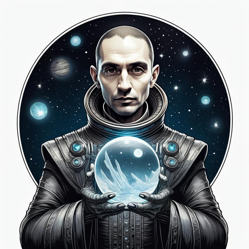 Futuristic Male Figure with Crystal Ball in Cosmic Setting