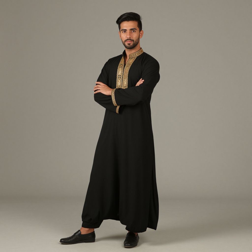 Man Wearing Black Traditional Kurta with Gold Embroidery