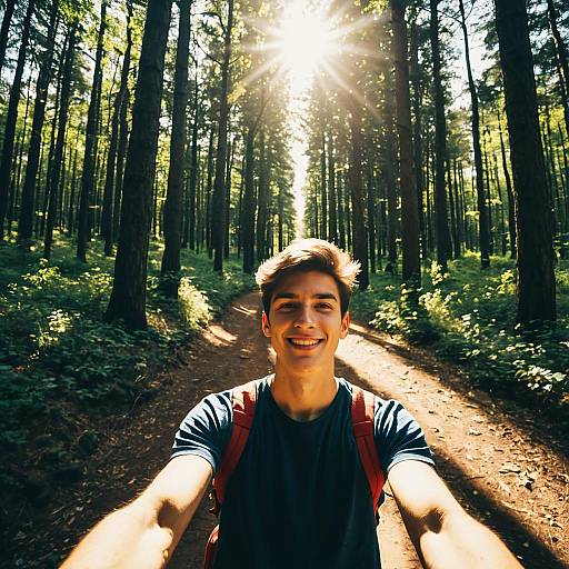 Happy Young Man Hiking on Sunlit Forest Trail