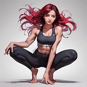 Fit Woman in Dynamic Squat Pose - Anime Style