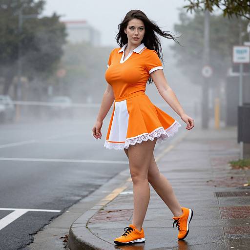Young Woman in Orange Dress and Sneakers on Misty Urban Street