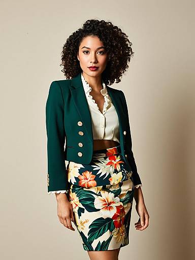 Confident Woman Wearing Green Blazer and Floral Skirt Fashion Portrait