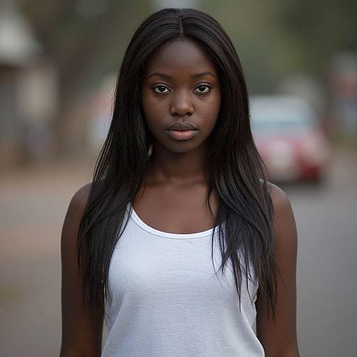 Portrait of Young Woman with Long Hair in White Tank Top