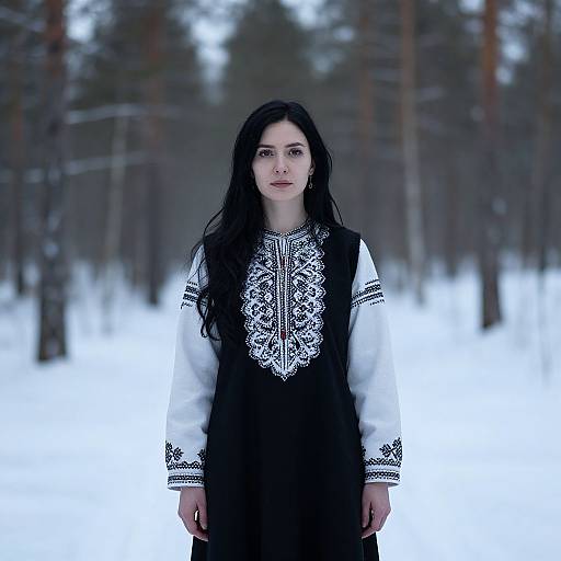 Woman in Traditional Embroidered Dress Standing in Snowy Forest