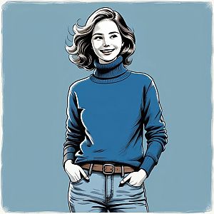 Smiling Woman in Blue Sweater and Jeans