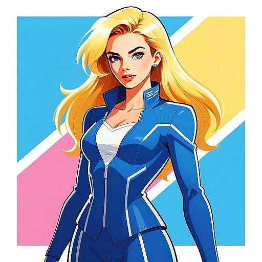 Confident Blonde Woman in Futuristic Blue Jacket Digital Illustration