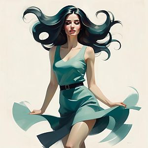 Woman in Teal Dress with Swirling Hair