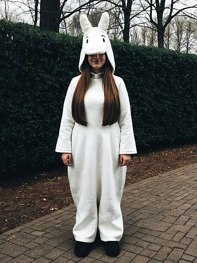 Woman in White Moomintroll Costume Outdoors