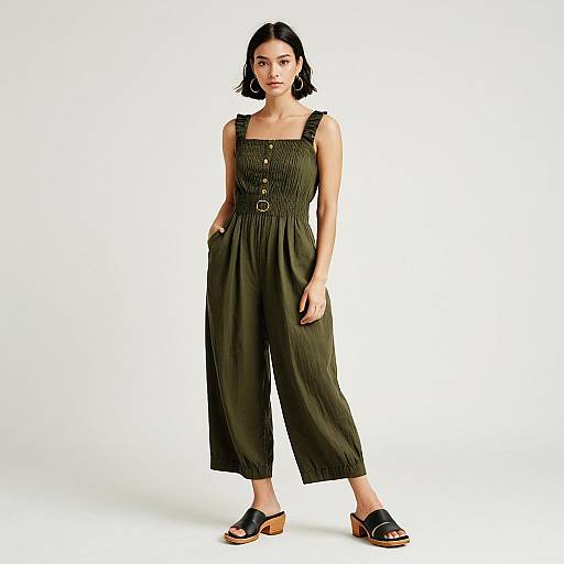 Casual Contemporary Olive Green Sleeveless Smocked Jumpsuit for Women