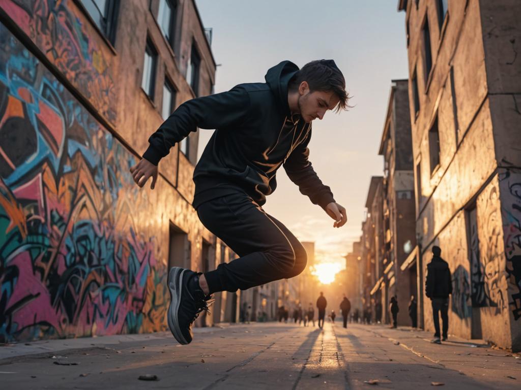 Dynamic Man in Motion Against Urban Sunset