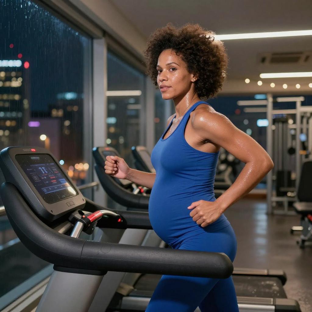 Pregnant Woman Running on Treadmill in Gym at Night
