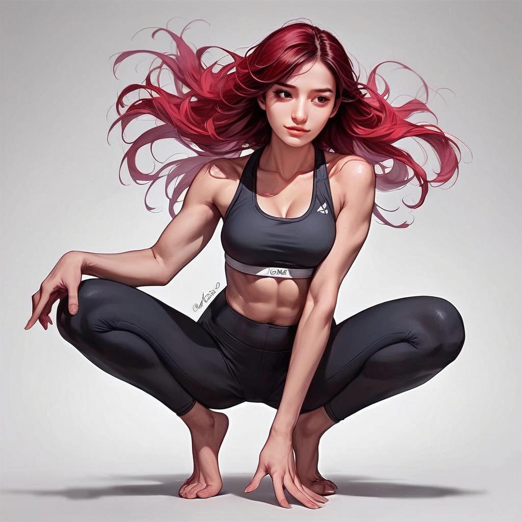 Fit Woman in Dynamic Squat Pose - Anime Style