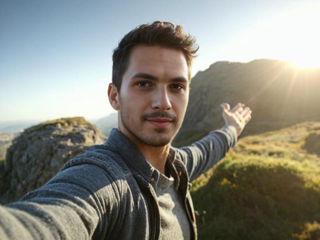 Man Taking Selfie at Sunrise on Mountain