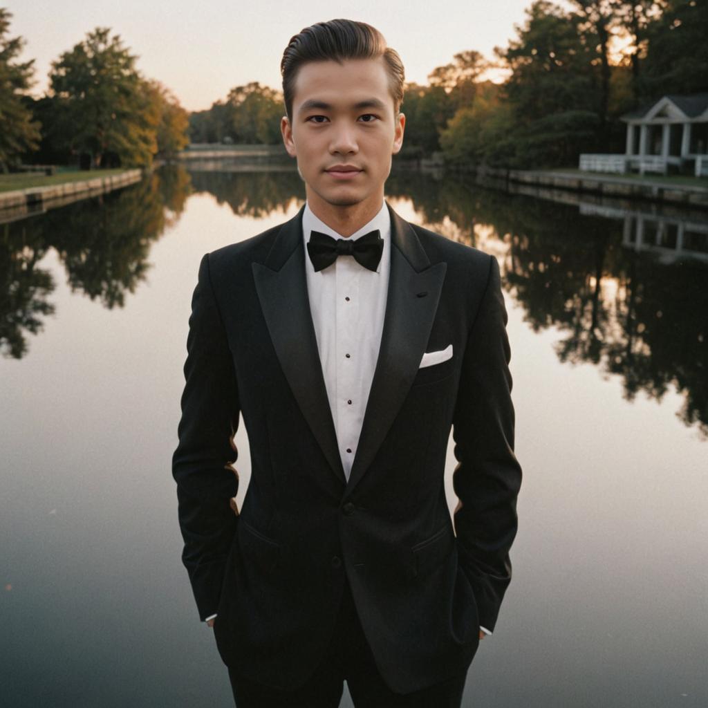 Confident Man in Black Suit at Dusk