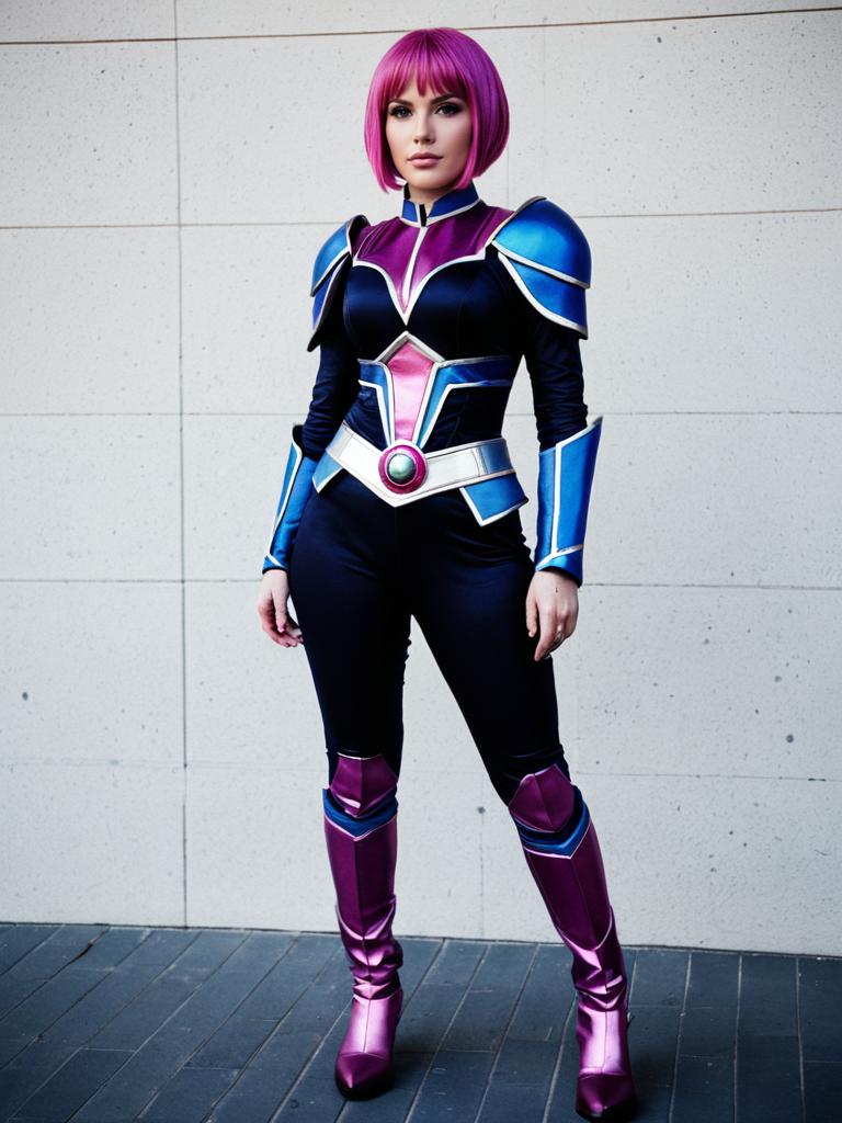 Woman in Futuristic Armor Cosplay with Pink Hair