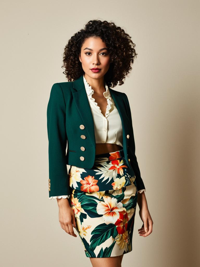 Confident Woman Wearing Green Blazer and Floral Skirt Fashion Portrait